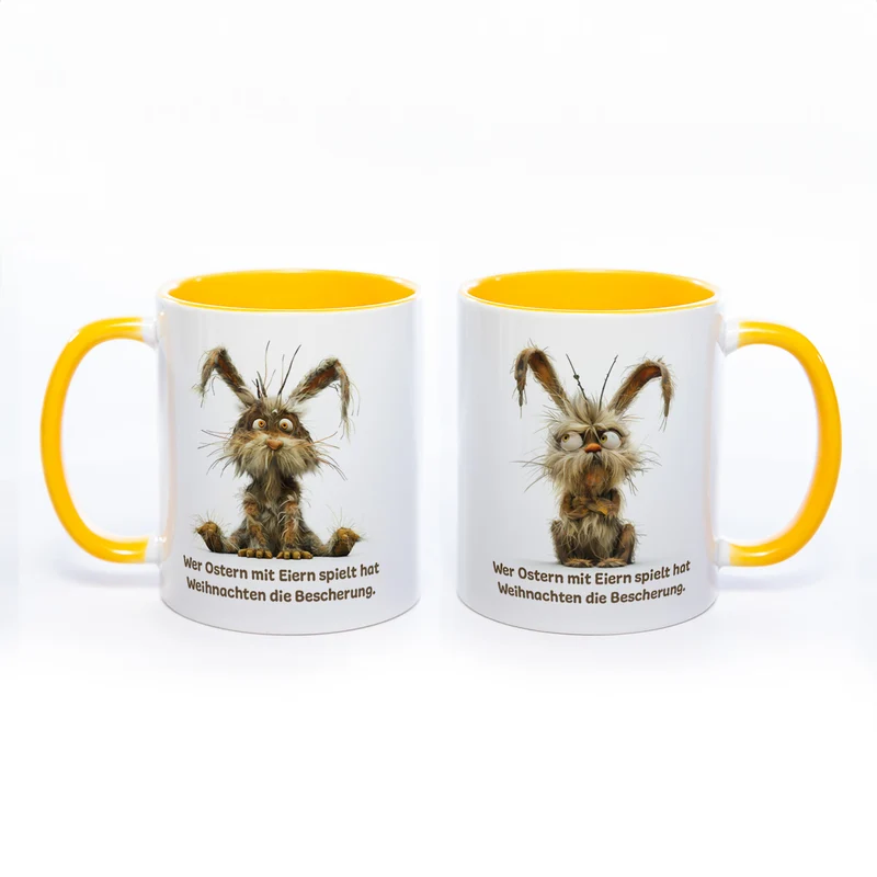 Motiv - Tasse mit Spruch und Hase: Wer Ostern mit Eiern spielt hat Weihnachten die Bescherung.- spülmaschinenfest