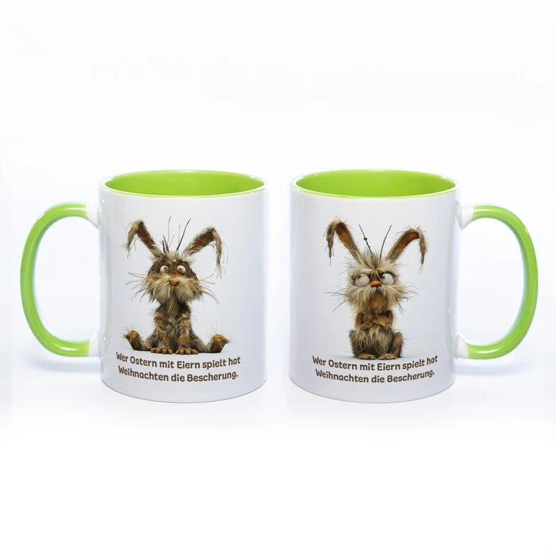 Motiv - Tasse mit Spruch und Hase: Wer Ostern mit Eiern spielt hat Weihnachten die Bescherung.- spülmaschinenfest