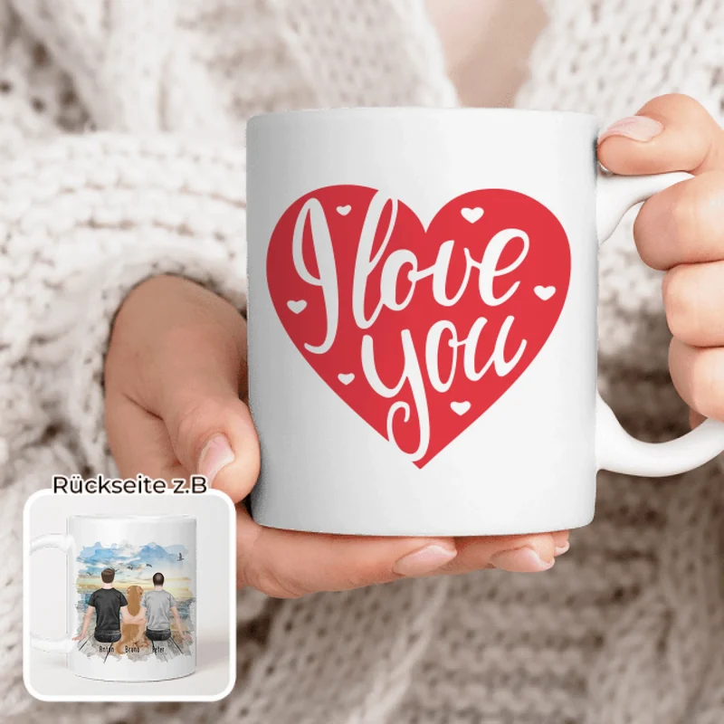 Personalisierte Tasse - 2 Männer + 1 Hund (Hund in der Mitte)