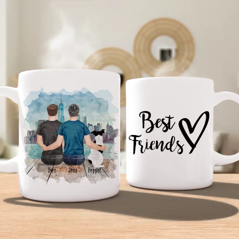 Personalisierte Tasse - 2 Männer + 1 Hund