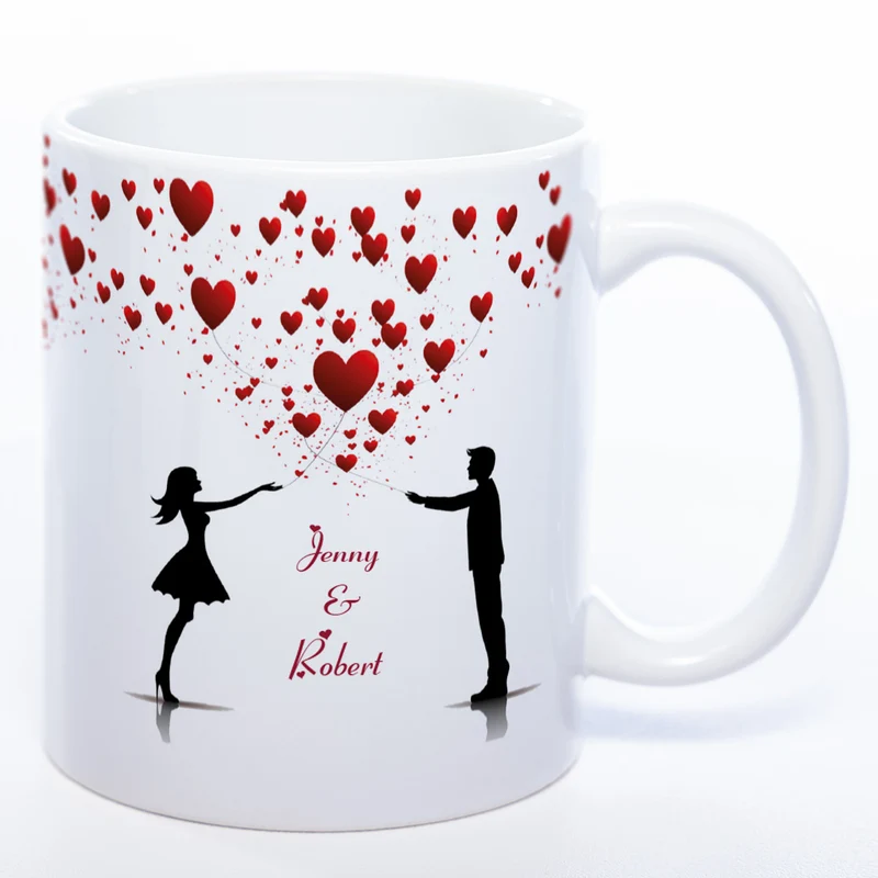 Motiv - Tasse mit Liebespaar, Herzen und 2 Wunschnamen spülmaschinenfest