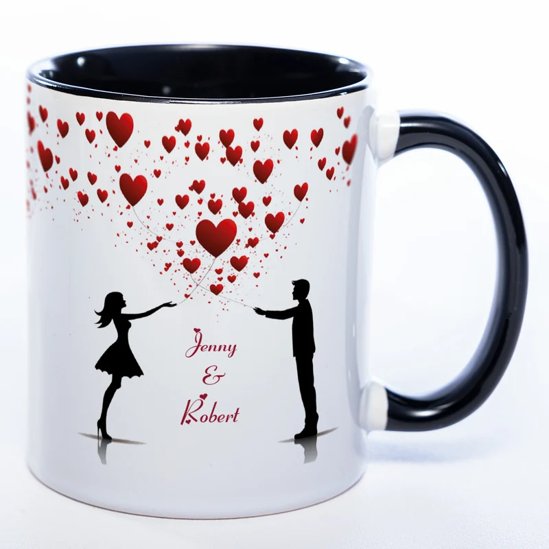 Motiv - Tasse mit Liebespaar, Herzen und 2 Wunschnamen spülmaschinenfest