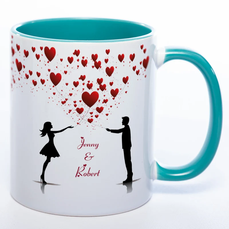 Motiv - Tasse mit Liebespaar, Herzen und 2 Wunschnamen spülmaschinenfest