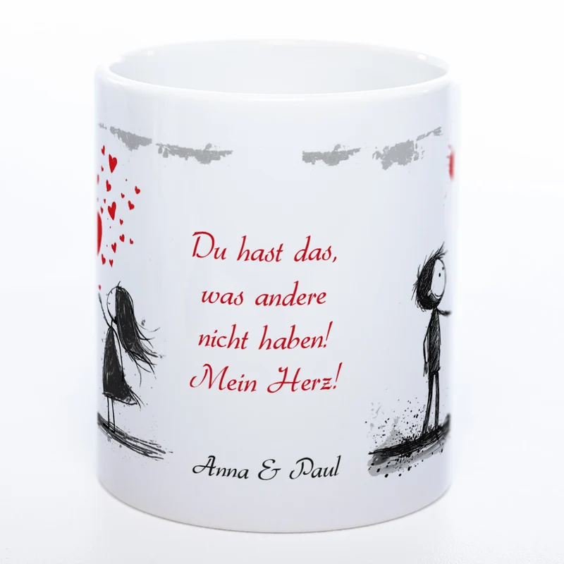 Motiv - Tasse mit Liebespaaren, Spruch und 2 Wunschnamen spülmaschinenfest