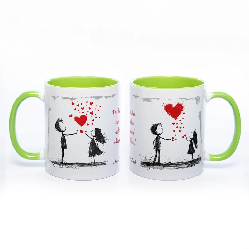 Motiv - Tasse mit Liebespaaren, Spruch und 2 Wunschnamen spülmaschinenfest