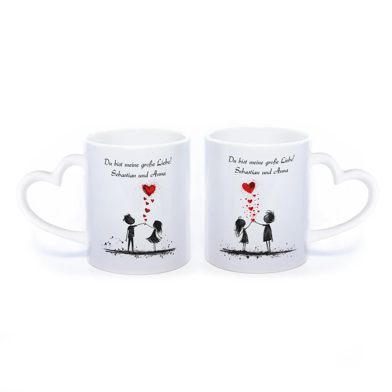 Motiv-Tasse mit Liebespaaren "Du bist meine große Liebe" und 2 Namen spülmaschinenfest
