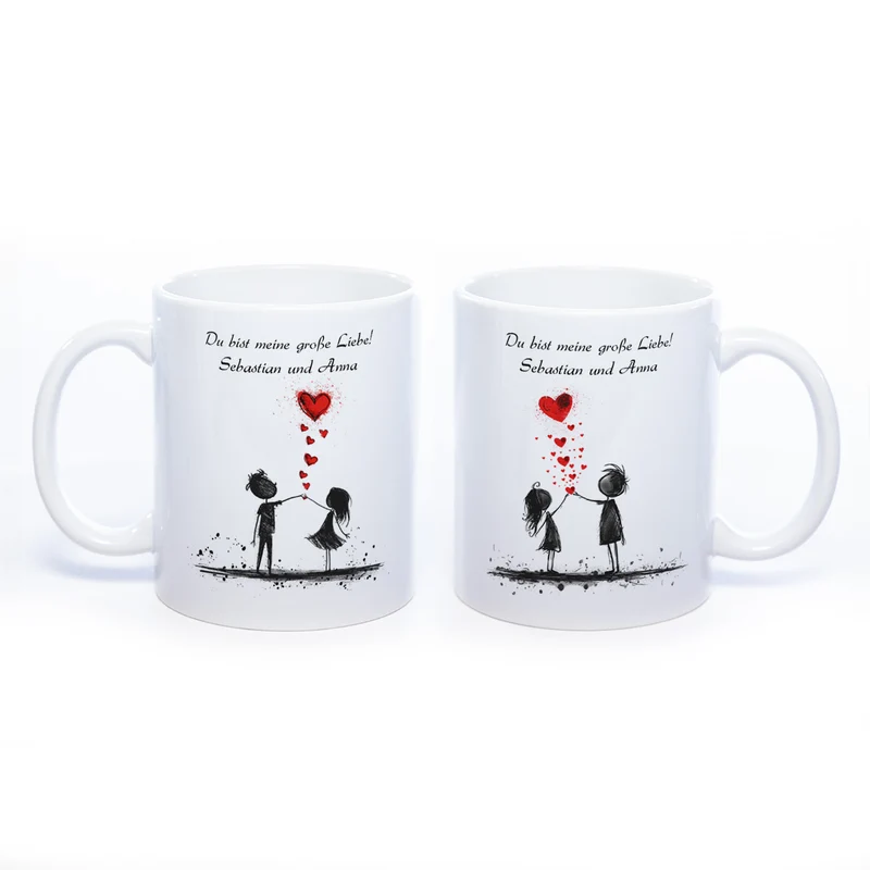 Motiv-Tasse mit Liebespaaren "Du bist meine große Liebe" und 2 Namen spülmaschinenfest