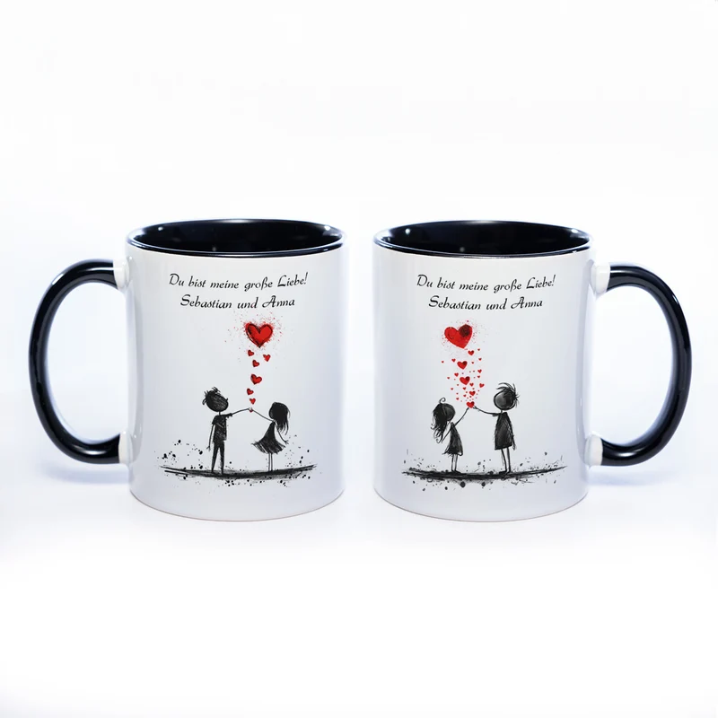 Motiv-Tasse mit Liebespaaren "Du bist meine große Liebe" und 2 Namen spülmaschinenfest