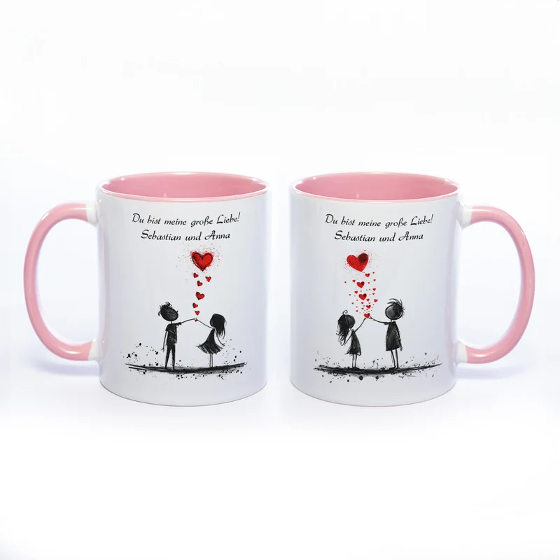 Motiv-Tasse mit Liebespaaren "Du bist meine große Liebe" und 2 Namen spülmaschinenfest
