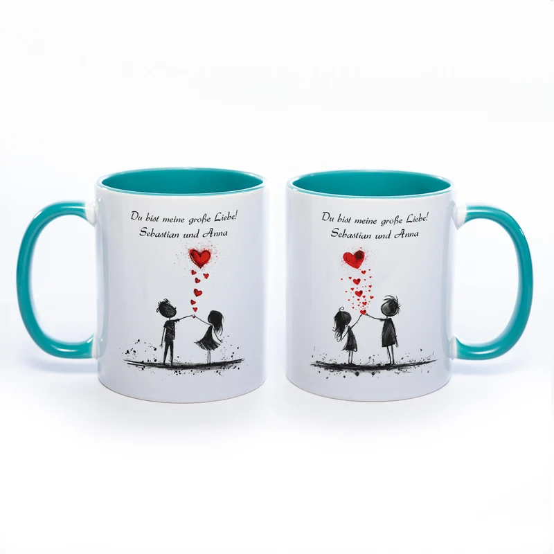 Motiv-Tasse mit Liebespaaren "Du bist meine große Liebe" und 2 Namen spülmaschinenfest