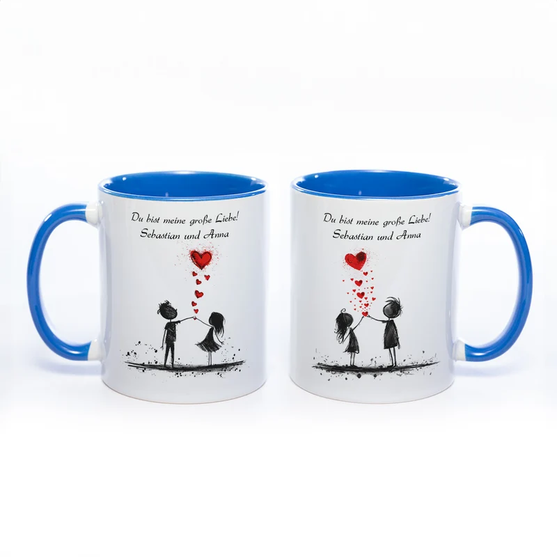 Motiv-Tasse mit Liebespaaren "Du bist meine große Liebe" und 2 Namen spülmaschinenfest