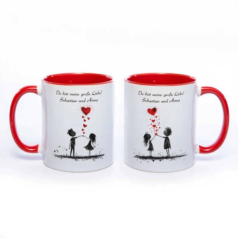 Motiv-Tasse mit Liebespaaren "Du bist meine große Liebe" und 2 Namen spülmaschinenfest
