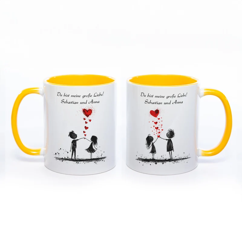 Motiv-Tasse mit Liebespaaren "Du bist meine große Liebe" und 2 Namen spülmaschinenfest