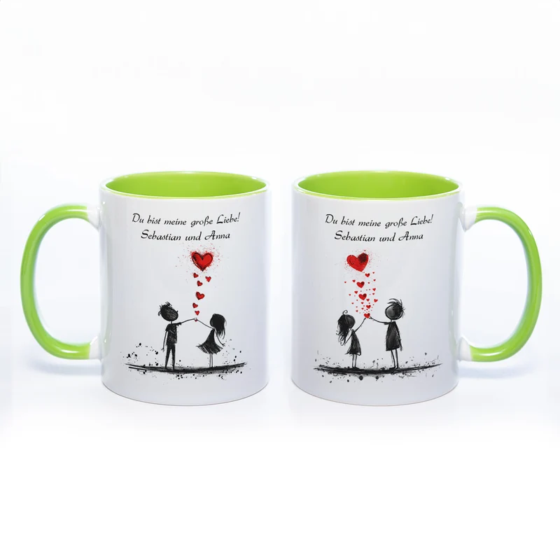Motiv-Tasse mit Liebespaaren "Du bist meine große Liebe" und 2 Namen spülmaschinenfest