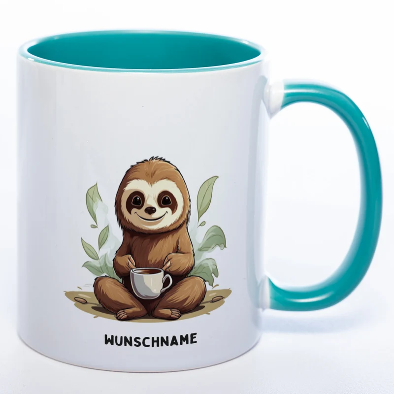 Motiv-Tasse Yogafaultier mit Wunschnamen - Teetasse StickyWorld Exclusive - spülmaschinenfest