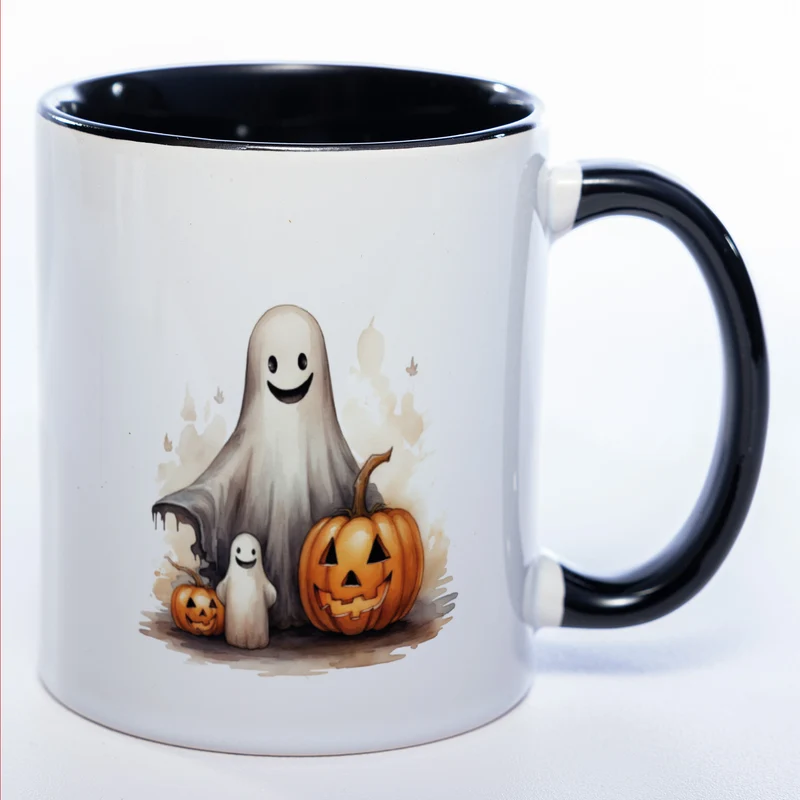 Motiv-Tasse mit süßen Geistern und Kürbissen - exclusive Kaffeetasse spülmaschinenfest