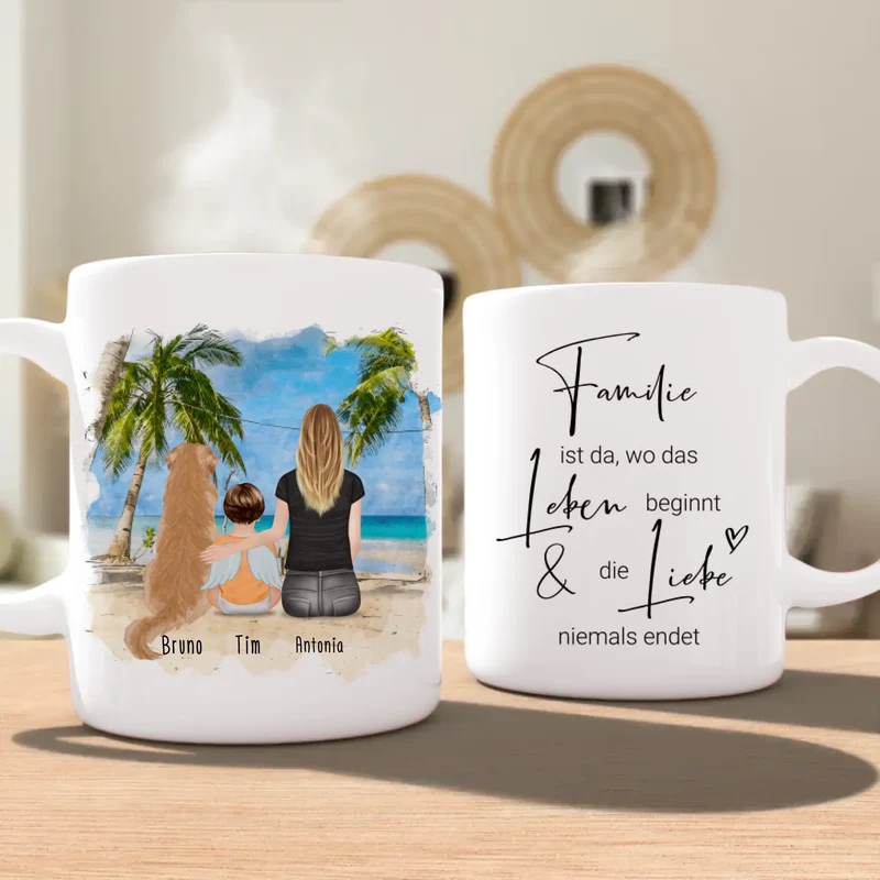 Personalisierte Tasse - 1 Mama + 1 Baby mit Engelsflügeln + 1 Hund
