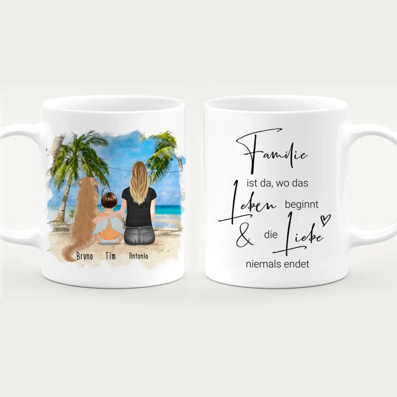Personalisierte Tasse - 1 Mama + 1 Baby mit Engelsflügeln + 1 Hund