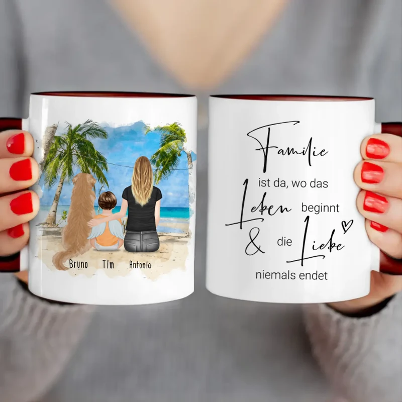 Personalisierte Tasse - 1 Mama + 1 Baby mit Engelsflügeln + 1 Hund