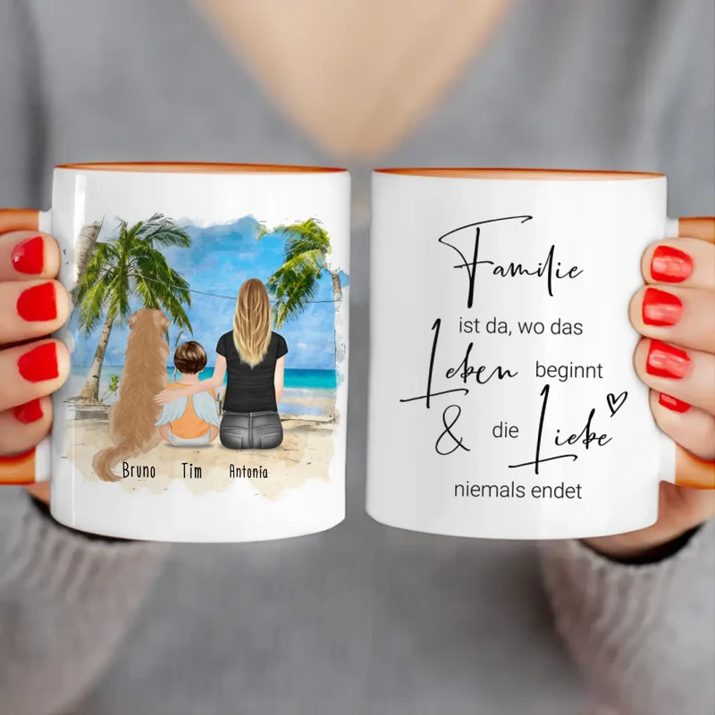 Personalisierte Tasse - 1 Mama + 1 Baby mit Engelsflügeln + 1 Hund