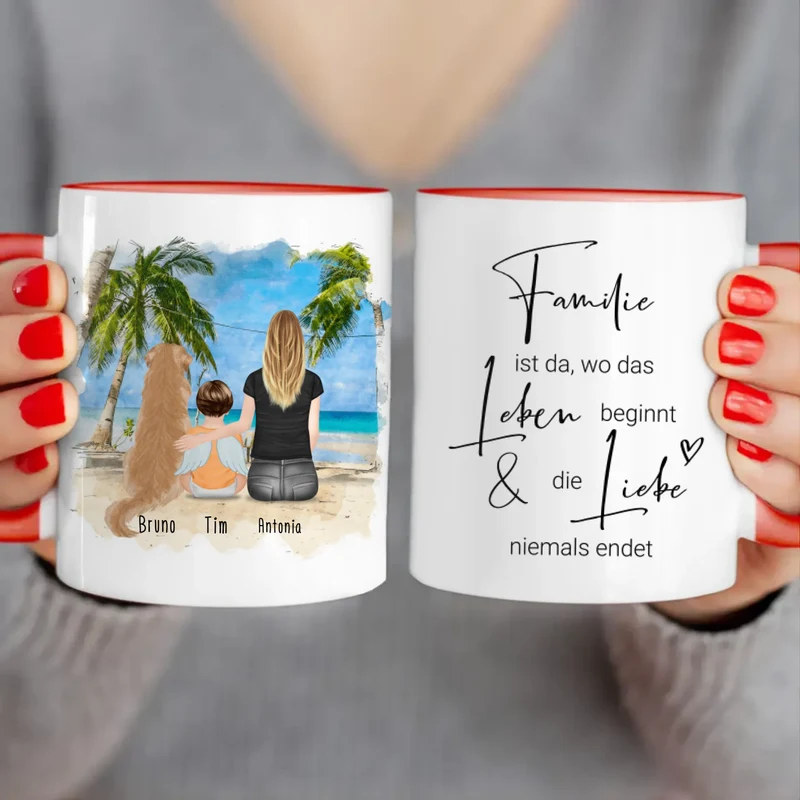 Personalisierte Tasse - 1 Mama + 1 Baby mit Engelsflügeln + 1 Hund