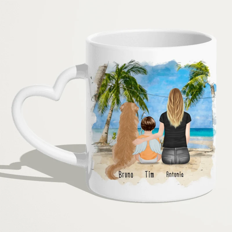 Personalisierte Tasse - 1 Mama + 1 Baby mit Engelsflügeln + 1 Hund