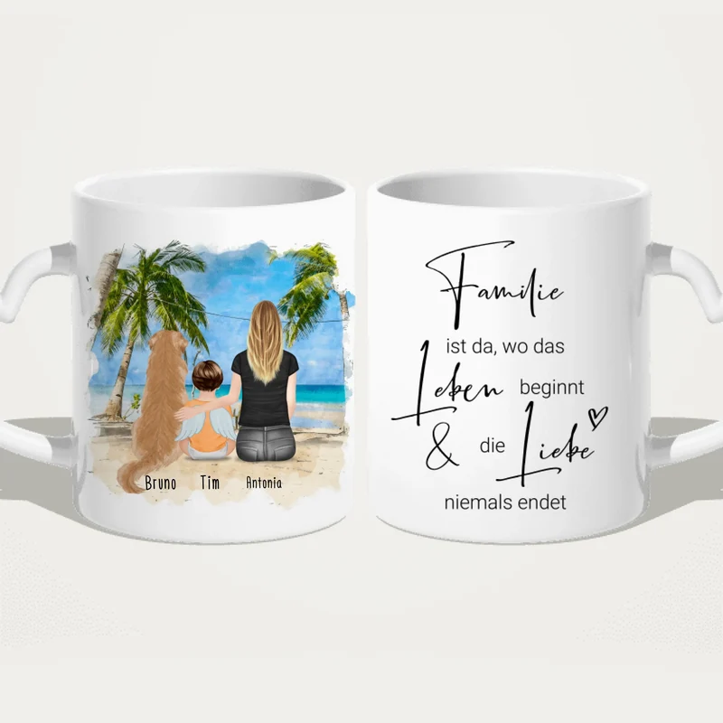 Personalisierte Tasse - 1 Mama + 1 Baby mit Engelsflügeln + 1 Hund