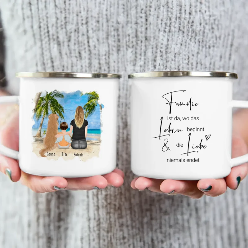 Personalisierte Tasse - 1 Mama + 1 Baby mit Engelsflügeln + 1 Hund