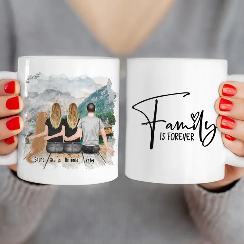 Personalisierte Tasse - 2 Frauen + 1 Mann + 1 Hund