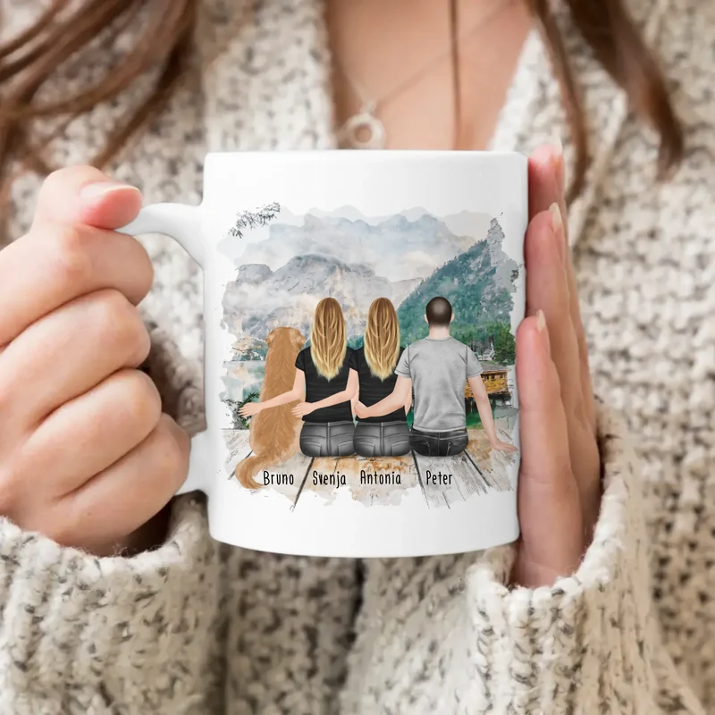 Personalisierte Tasse - 2 Frauen + 1 Mann + 1 Hund