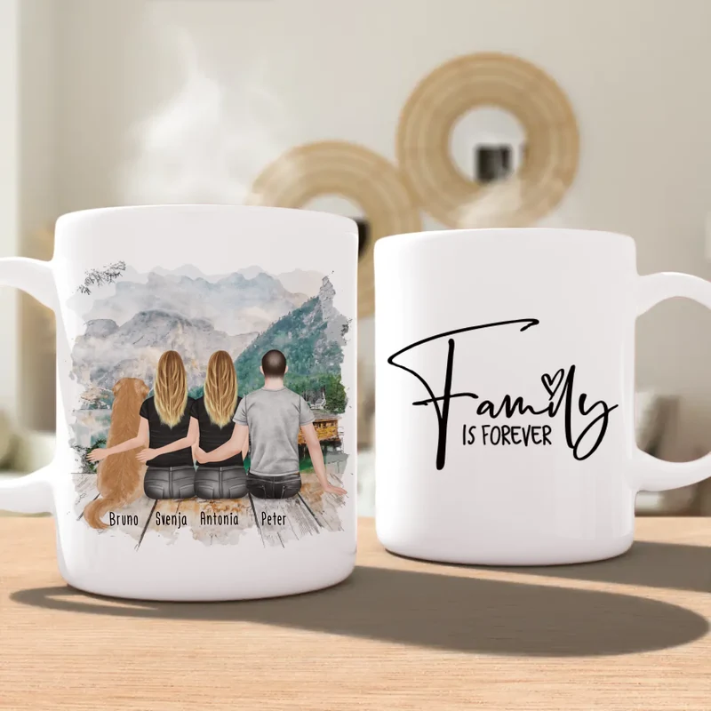 Personalisierte Tasse - 2 Frauen + 1 Mann + 1 Hund