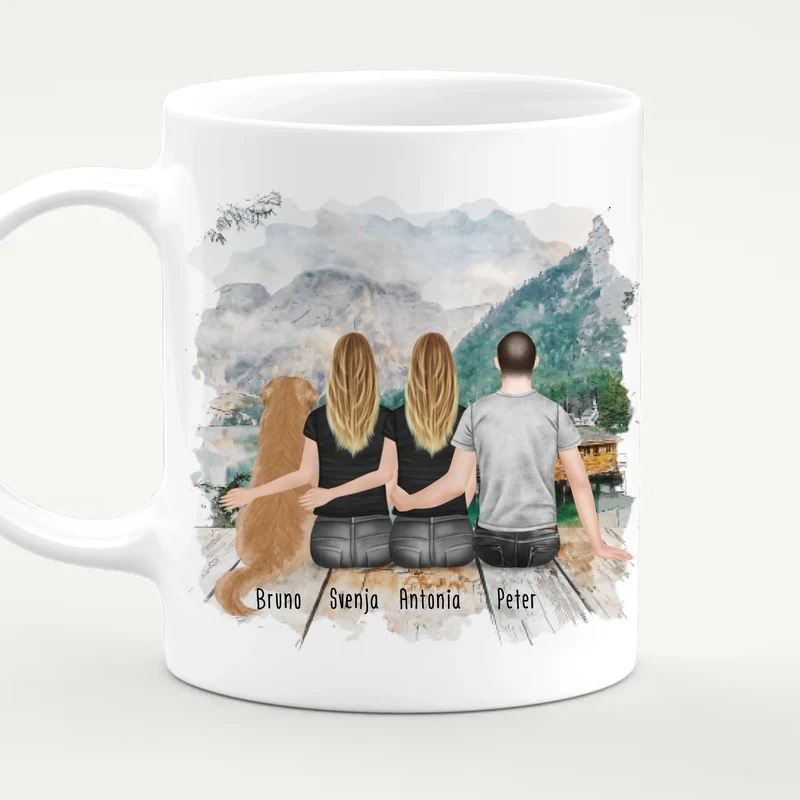 Personalisierte Tasse - 2 Frauen + 1 Mann + 1 Hund