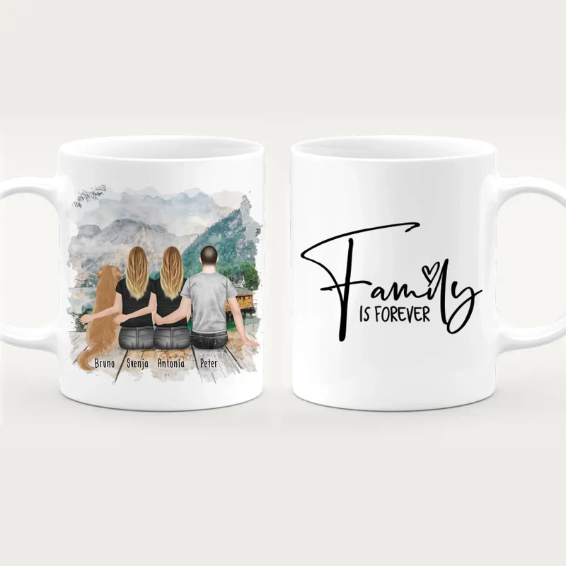 Personalisierte Tasse - 2 Frauen + 1 Mann + 1 Hund
