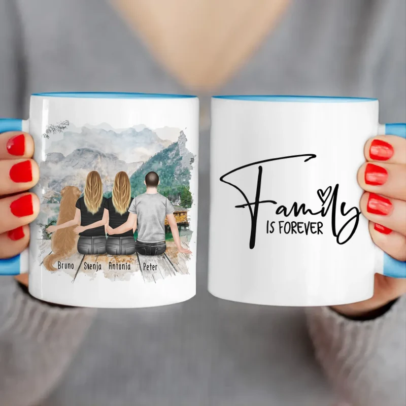 Personalisierte Tasse - 2 Frauen + 1 Mann + 1 Hund