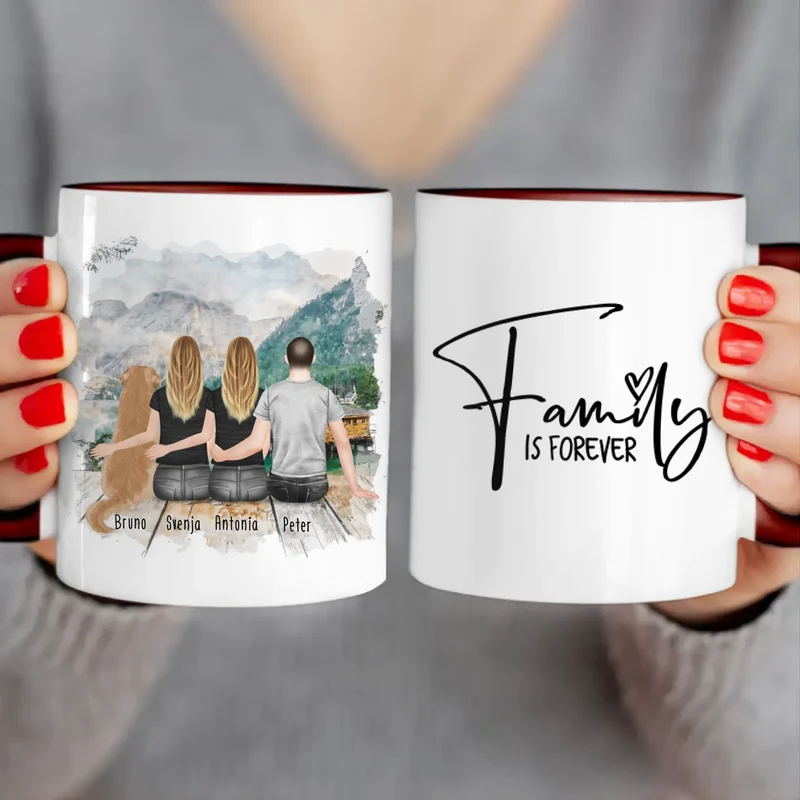 Personalisierte Tasse - 2 Frauen + 1 Mann + 1 Hund