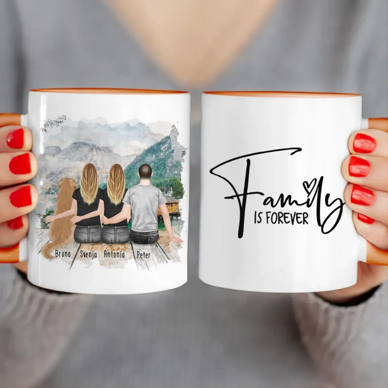 Personalisierte Tasse - 2 Frauen + 1 Mann + 1 Hund