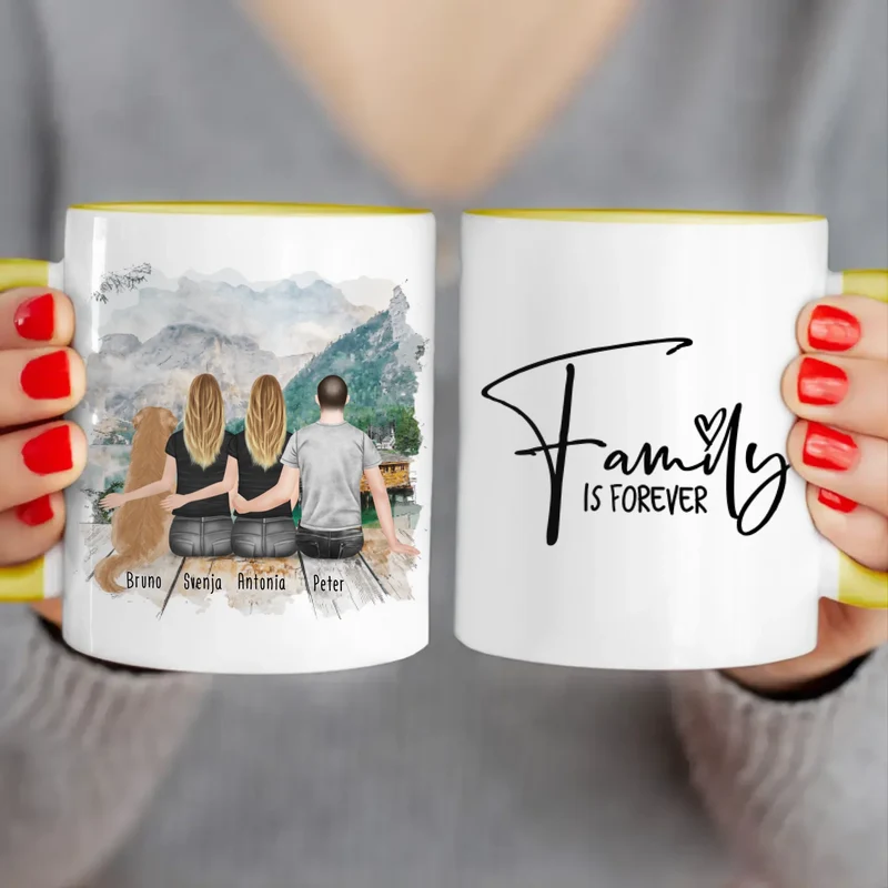 Personalisierte Tasse - 2 Frauen + 1 Mann + 1 Hund