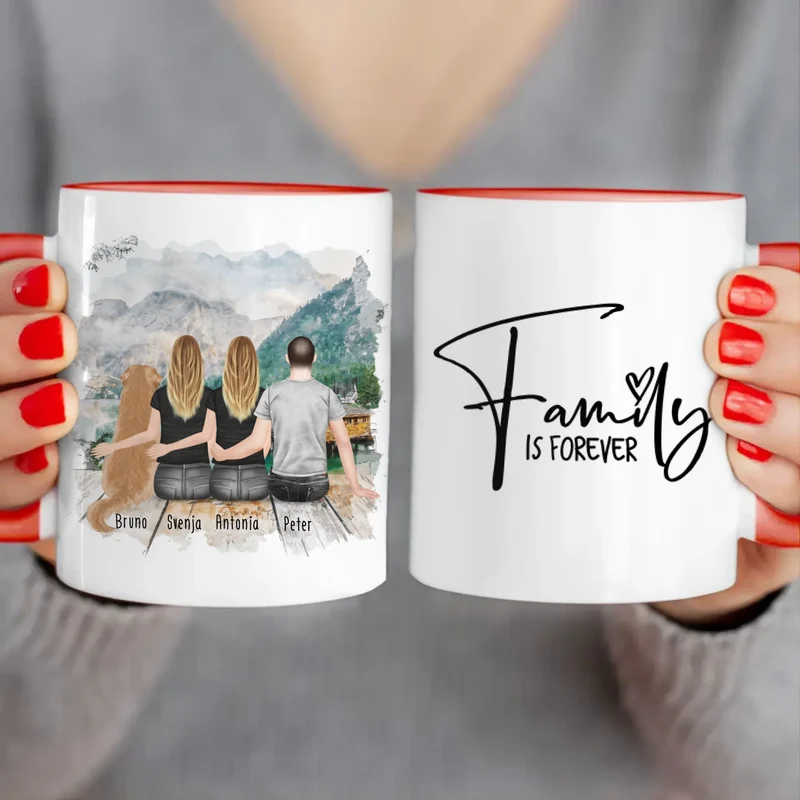 Personalisierte Tasse - 2 Frauen + 1 Mann + 1 Hund