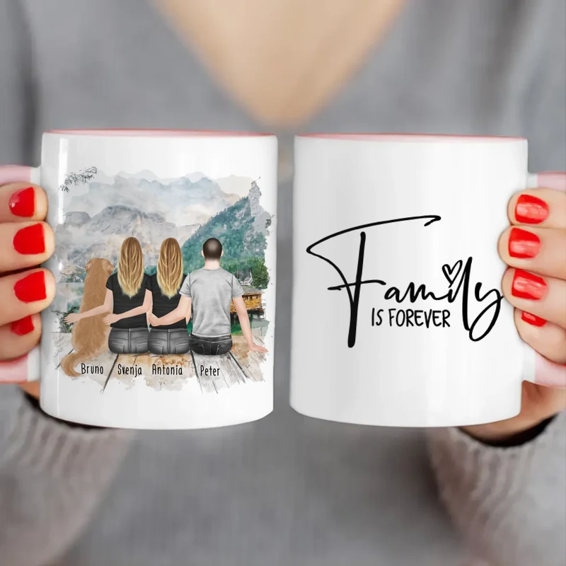 Personalisierte Tasse - 2 Frauen + 1 Mann + 1 Hund