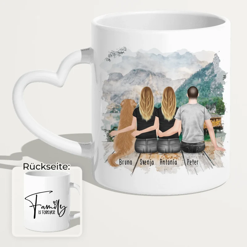 Personalisierte Tasse - 2 Frauen + 1 Mann + 1 Hund
