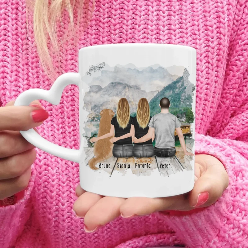 Personalisierte Tasse - 2 Frauen + 1 Mann + 1 Hund