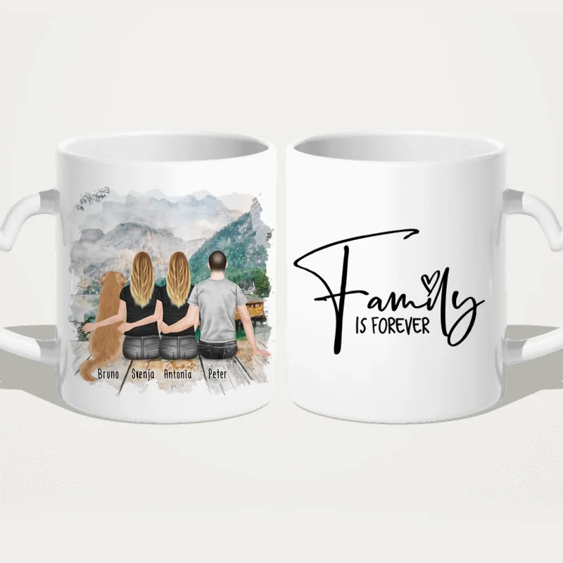 Personalisierte Tasse - 2 Frauen + 1 Mann + 1 Hund