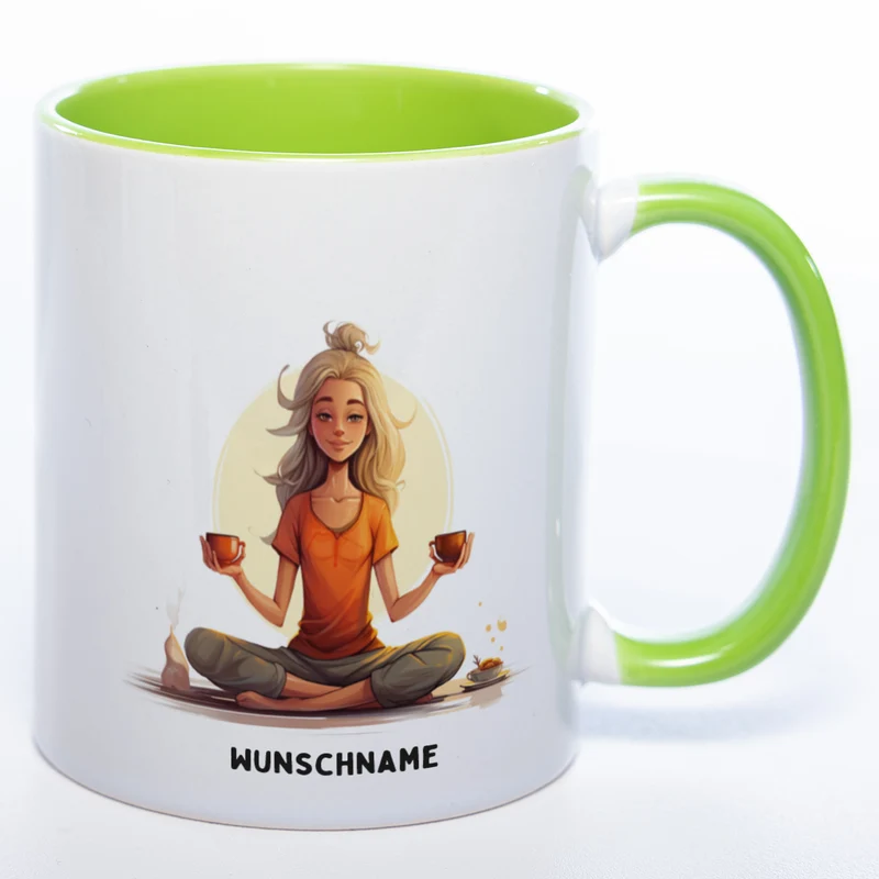 Motiv-Tasse Yogafrau Yogasonne mit Wunschnamen - Teetasse StickyWorld Exclusive spülmaschinenfest