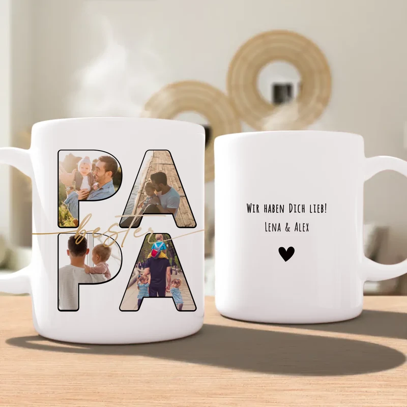 Personalisierte Tasse mit Papa Schriftzug und deinen Bildern