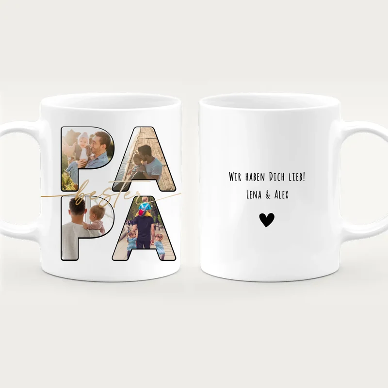 Personalisierte Tasse mit Papa Schriftzug und deinen Bildern