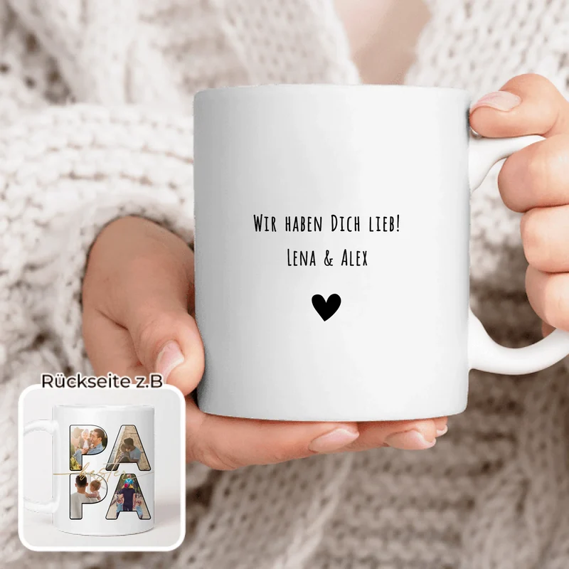 Personalisierte Tasse mit Papa Schriftzug und deinen Bildern