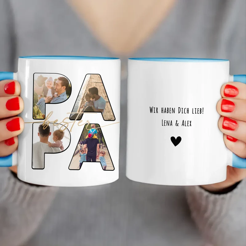 Personalisierte Tasse mit Papa Schriftzug und deinen Bildern