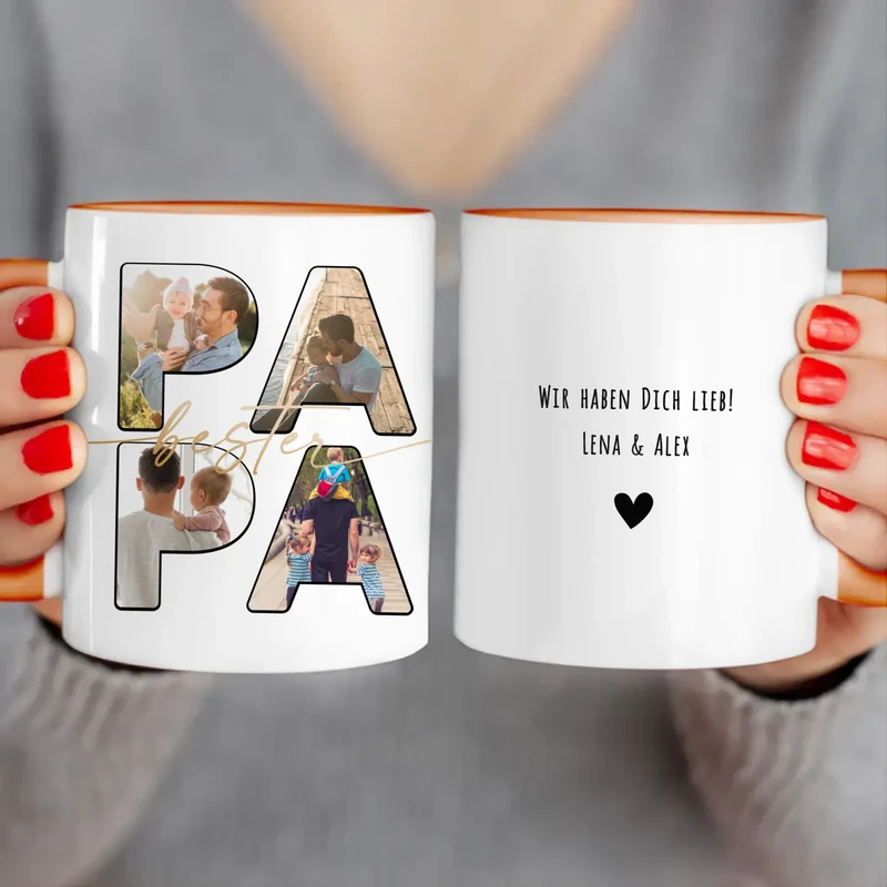 Personalisierte Tasse mit Papa Schriftzug und deinen Bildern