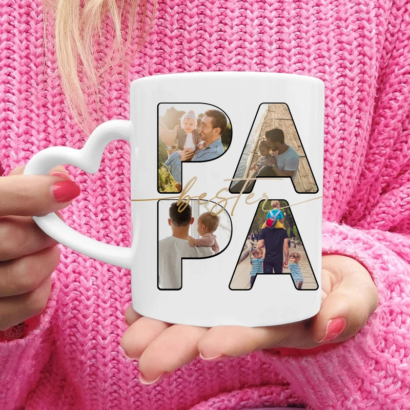Personalisierte Tasse mit Papa Schriftzug und deinen Bildern