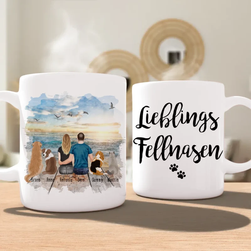 Personalisierte Tasse - 1 Frau + 1 Mann (Paar/Pärchen) + 1-5 Hunde/Katzen